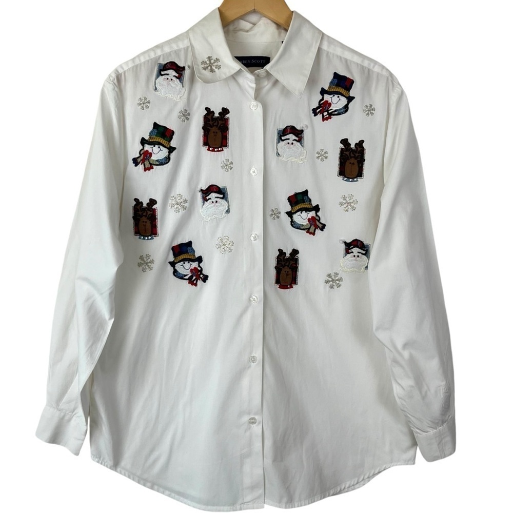 Vintage Karen Scott Women’s White Blouse with Christmas Appliqués Size Medium